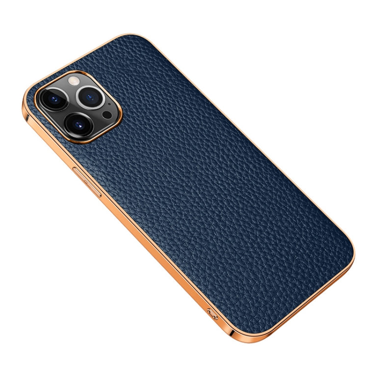 For iPhone 13 Electroplated Edge Litchi Texture Top Layer Cowhide Leather Back Cover Shockproof Case Pro Max