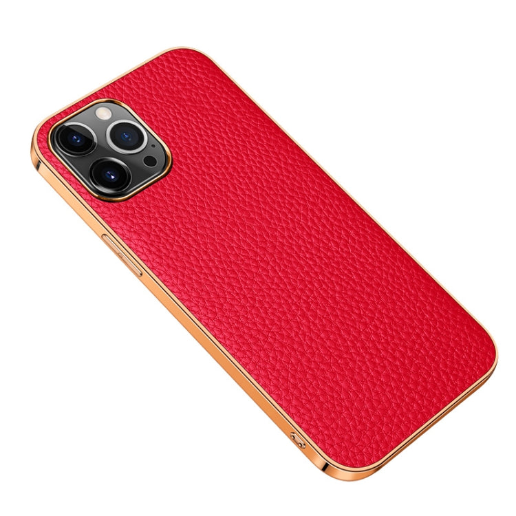 For iPhone 13 Electroplated Edge Litchi Texture Top Layer Cowhide Leather Back Cover Shockproof Case Pro Max