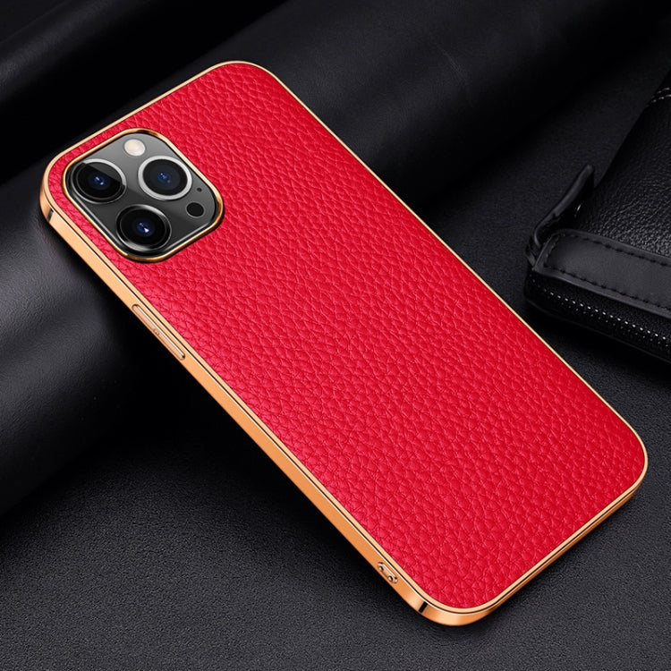 For iPhone 13 Electroplated Edge Litchi Texture Top Layer Cowhide Leather Back Cover Shockproof Case Pro Max
