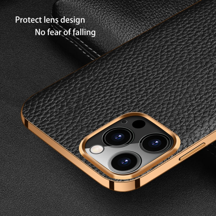 For iPhone 13 Electroplated Edge Litchi Texture Top Layer Cowhide Leather Back Cover Shockproof Case Pro Max