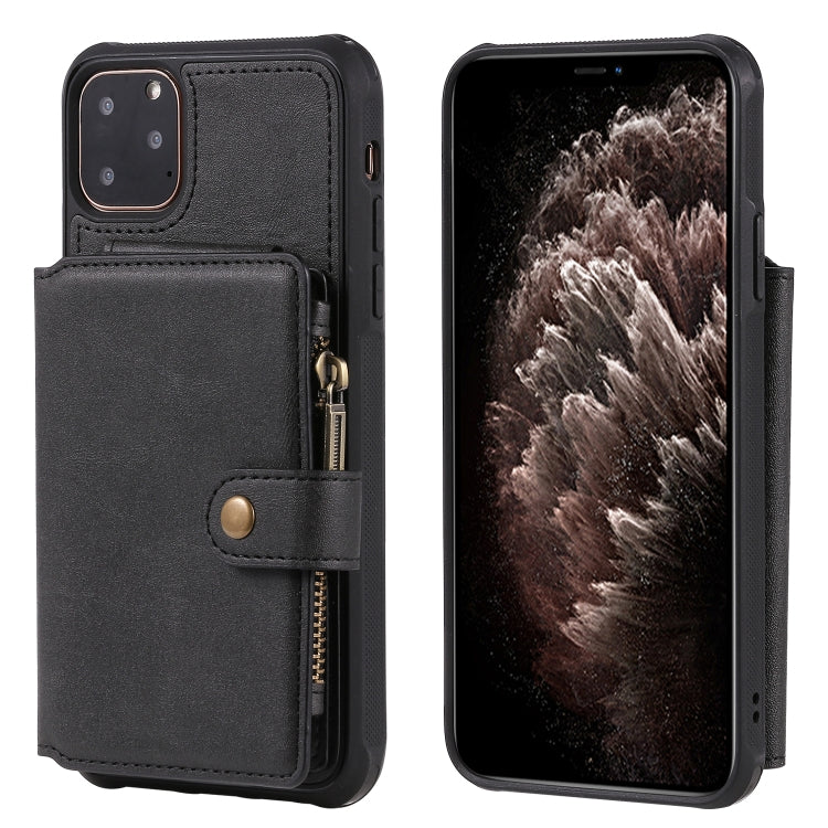 For iPhone 11 Pro Max Buckle Zipper Shockproof Protective Case with Holder & Card Slots & Wallet & Lanyard & Photos Frames
