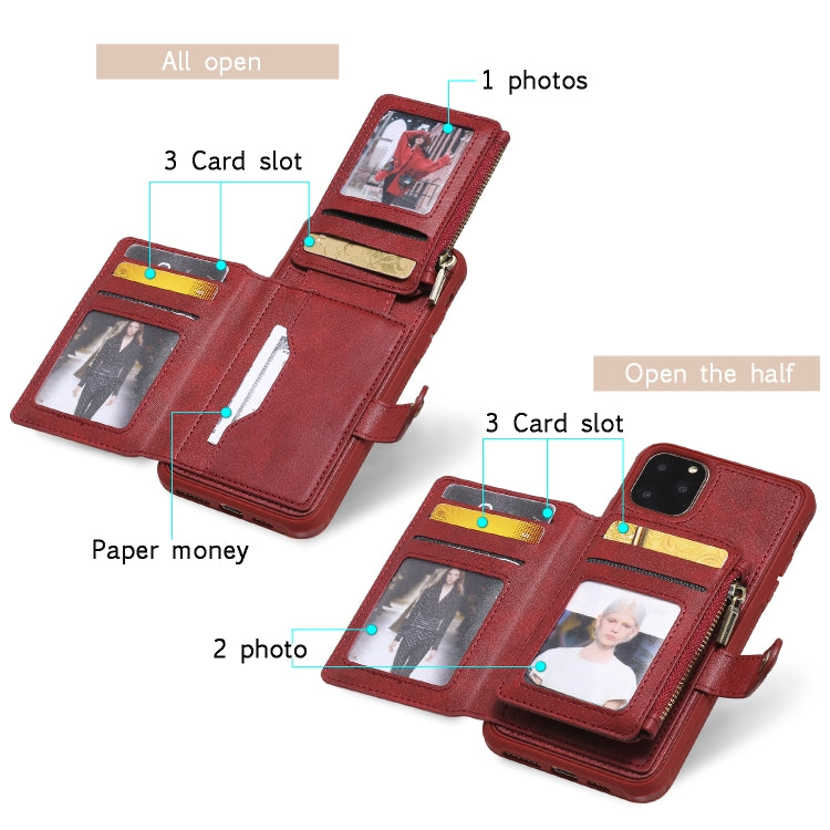 For iPhone 11 Pro Max Buckle Zipper Shockproof Protective Case with Holder & Card Slots & Wallet & Lanyard & Photos Frames