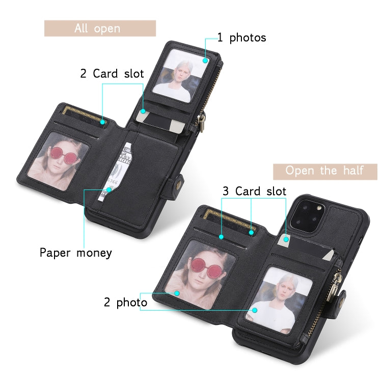 For iPhone 11 Pro Buckle Zipper Shockproof Protective Case with Holder & Card Slots & Wallet & Lanyard & Photos Frames
