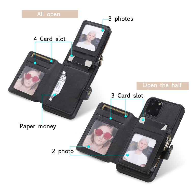 For iPhone 11 Pro Buckle Zipper Shockproof Protective Case with Holder & Card Slots & Wallet & Lanyard & Photos Frames