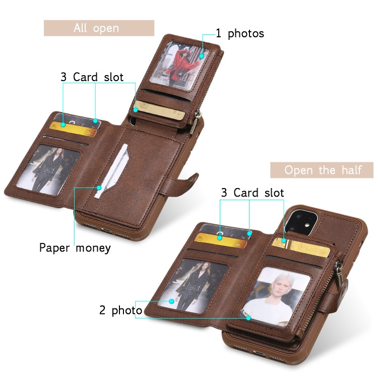 For iPhone 11 Buckle Zipper Shockproof Protective Case with Holder & Card Slots & Wallet & Lanyard & Photos Frames