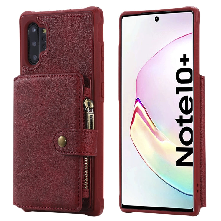 For Galaxy Note 10 Plus Buckle Zipper Shockproof Protective Case with Holder & Card Slots & Wallet & Lanyard & Photos Frames