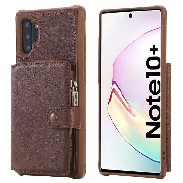 For Galaxy Note 10 Plus Buckle Zipper Shockproof Protective Case with Holder & Card Slots & Wallet & Lanyard & Photos Frames