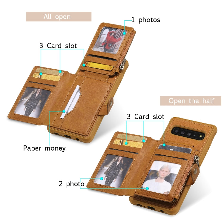For Galaxy S10 5G Buckle Zipper Shockproof Protective Case with Holder & Card Slots & Wallet & Lanyard & Photos Frames