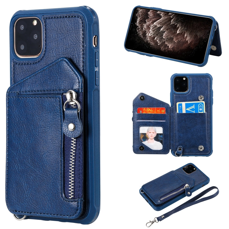 For iPhone 11 Pro Max Dual Buckles Zipper Shockproof Back Cover Protective Case with Holder & Card Slots & Wallet & Lanyard & Photos Frames