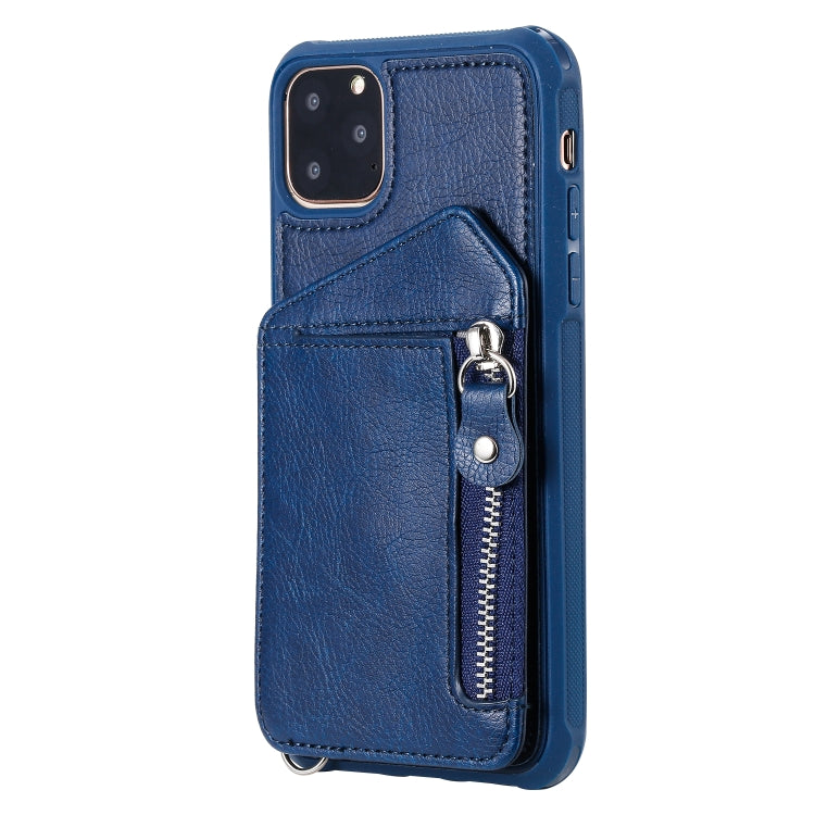 For iPhone 11 Pro Max Dual Buckles Zipper Shockproof Back Cover Protective Case with Holder & Card Slots & Wallet & Lanyard & Photos Frames