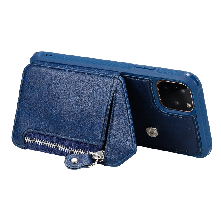For iPhone 11 Pro Max Dual Buckles Zipper Shockproof Back Cover Protective Case with Holder & Card Slots & Wallet & Lanyard & Photos Frames