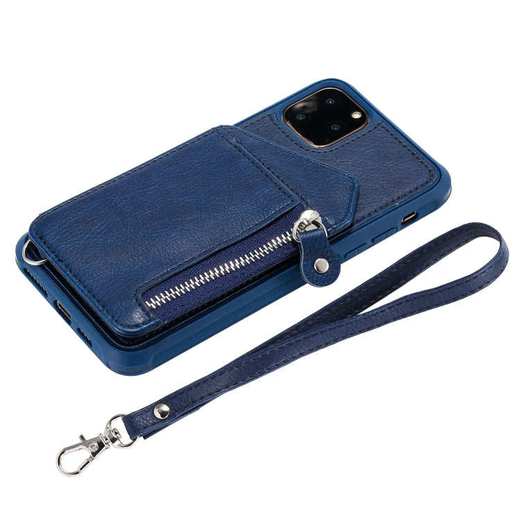 For iPhone 11 Pro Max Dual Buckles Zipper Shockproof Back Cover Protective Case with Holder & Card Slots & Wallet & Lanyard & Photos Frames