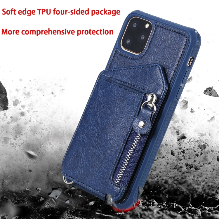 For iPhone 11 Pro Max Dual Buckles Zipper Shockproof Back Cover Protective Case with Holder & Card Slots & Wallet & Lanyard & Photos Frames