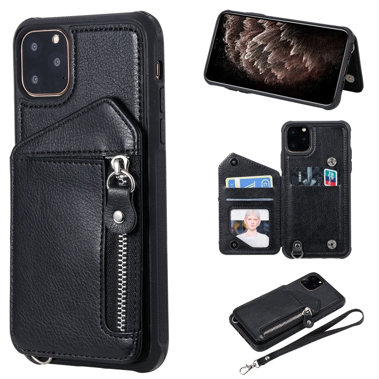 For iPhone 11 Pro Max Dual Buckles Zipper Shockproof Back Cover Protective Case with Holder & Card Slots & Wallet & Lanyard & Photos Frames