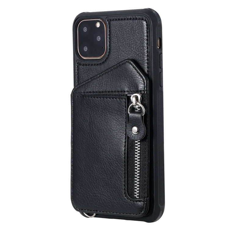 For iPhone 11 Pro Max Dual Buckles Zipper Shockproof Back Cover Protective Case with Holder & Card Slots & Wallet & Lanyard & Photos Frames