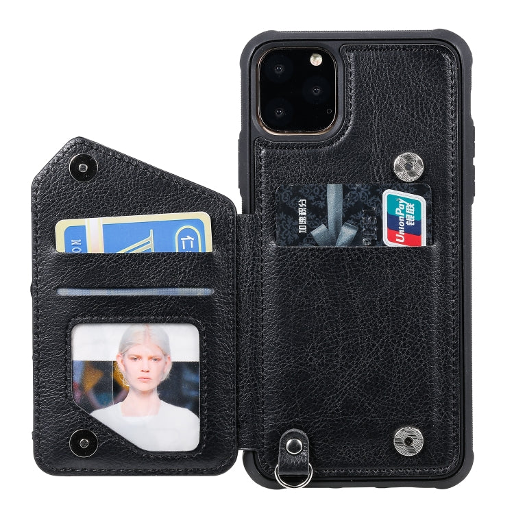 For iPhone 11 Pro Max Dual Buckles Zipper Shockproof Back Cover Protective Case with Holder & Card Slots & Wallet & Lanyard & Photos Frames