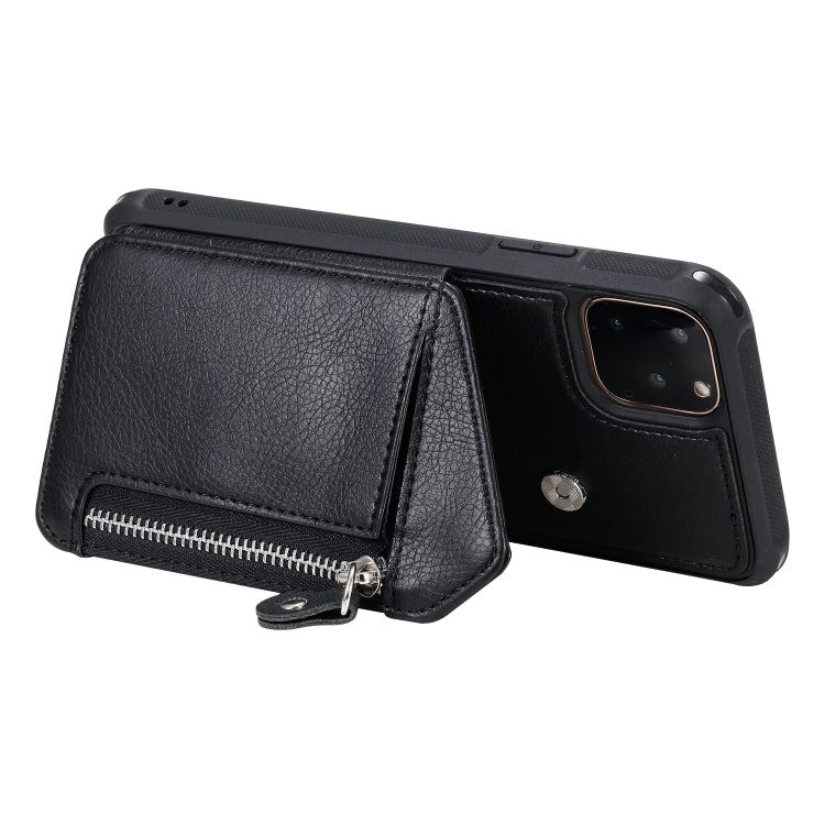 For iPhone 11 Pro Max Dual Buckles Zipper Shockproof Back Cover Protective Case with Holder & Card Slots & Wallet & Lanyard & Photos Frames