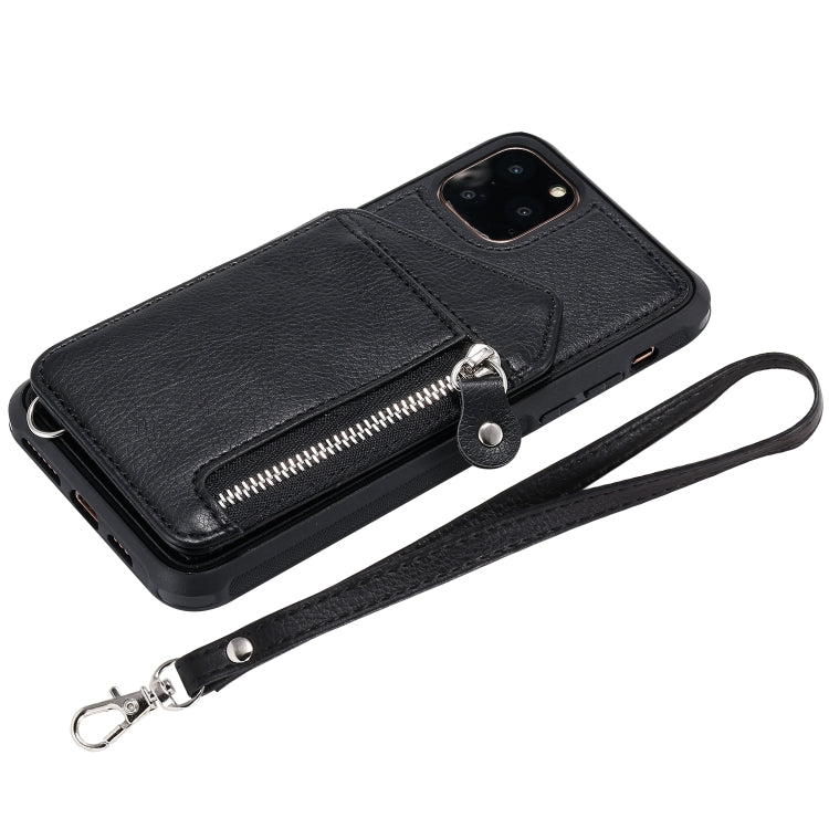 For iPhone 11 Pro Max Dual Buckles Zipper Shockproof Back Cover Protective Case with Holder & Card Slots & Wallet & Lanyard & Photos Frames