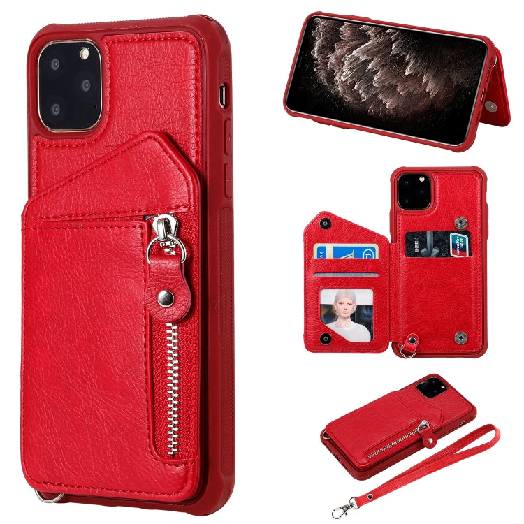 For iPhone 11 Pro Max Dual Buckles Zipper Shockproof Back Cover Protective Case with Holder & Card Slots & Wallet & Lanyard & Photos Frames