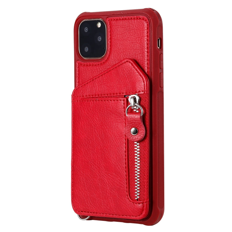 For iPhone 11 Pro Max Dual Buckles Zipper Shockproof Back Cover Protective Case with Holder & Card Slots & Wallet & Lanyard & Photos Frames