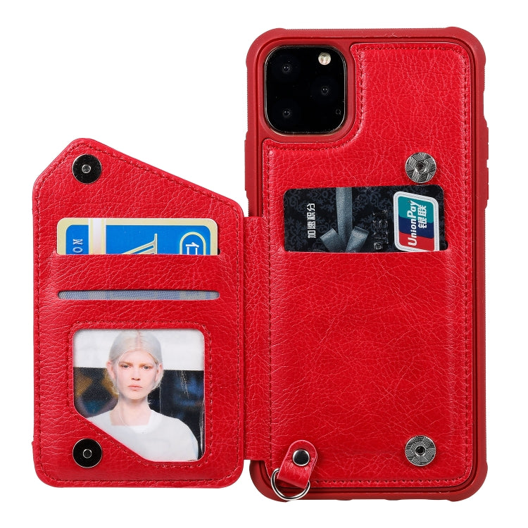 For iPhone 11 Pro Max Dual Buckles Zipper Shockproof Back Cover Protective Case with Holder & Card Slots & Wallet & Lanyard & Photos Frames
