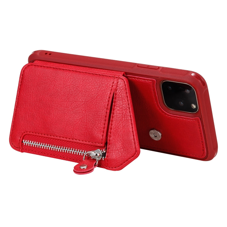 For iPhone 11 Pro Max Dual Buckles Zipper Shockproof Back Cover Protective Case with Holder & Card Slots & Wallet & Lanyard & Photos Frames