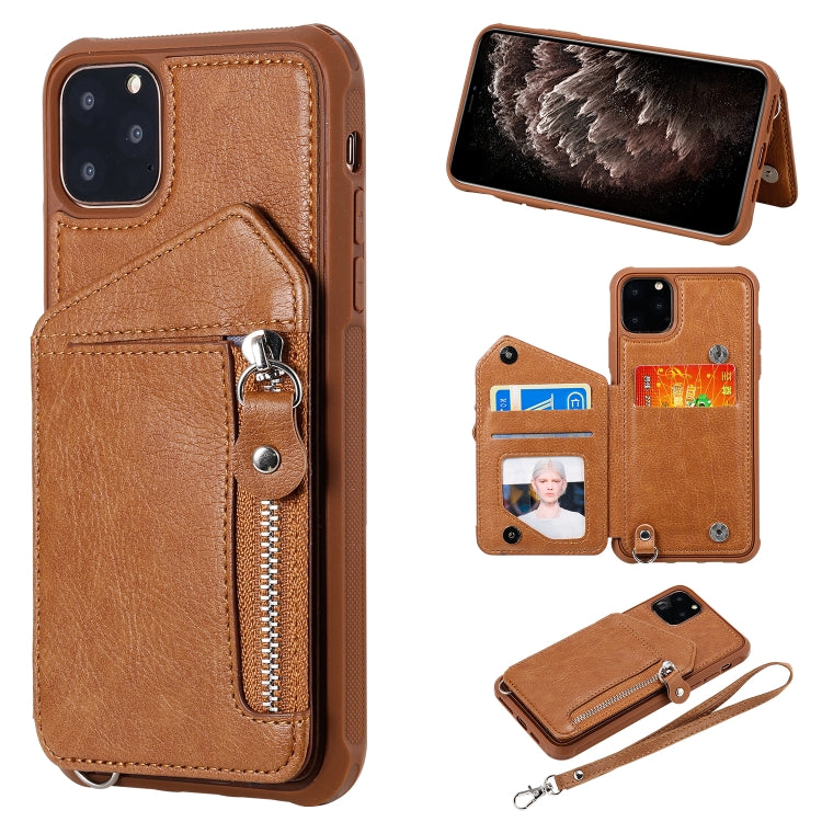 For iPhone 11 Pro Max Dual Buckles Zipper Shockproof Back Cover Protective Case with Holder & Card Slots & Wallet & Lanyard & Photos Frames