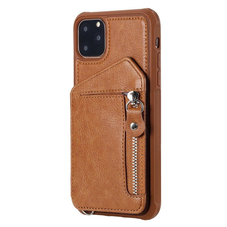 For iPhone 11 Pro Max Dual Buckles Zipper Shockproof Back Cover Protective Case with Holder & Card Slots & Wallet & Lanyard & Photos Frames