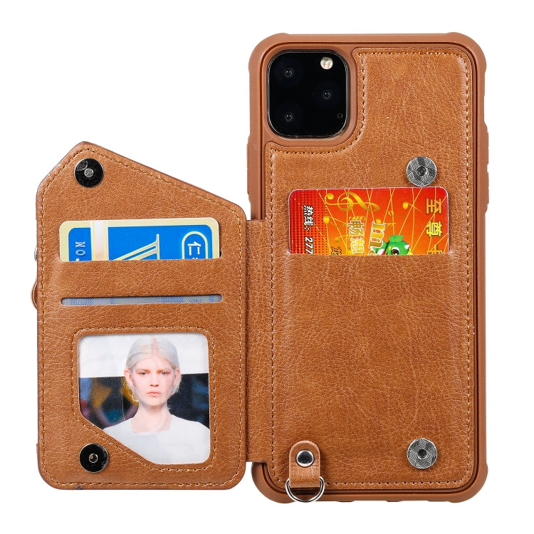 For iPhone 11 Pro Max Dual Buckles Zipper Shockproof Back Cover Protective Case with Holder & Card Slots & Wallet & Lanyard & Photos Frames