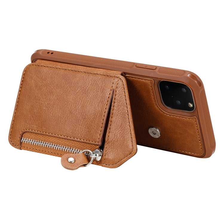 For iPhone 11 Pro Max Dual Buckles Zipper Shockproof Back Cover Protective Case with Holder & Card Slots & Wallet & Lanyard & Photos Frames