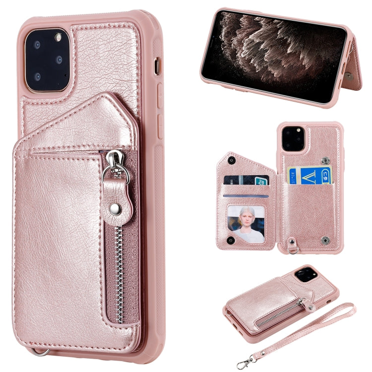 For iPhone 11 Pro Max Dual Buckles Zipper Shockproof Back Cover Protective Case with Holder & Card Slots & Wallet & Lanyard & Photos Frames