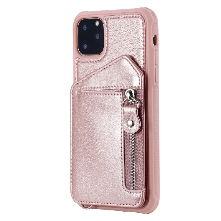 For iPhone 11 Pro Max Dual Buckles Zipper Shockproof Back Cover Protective Case with Holder & Card Slots & Wallet & Lanyard & Photos Frames
