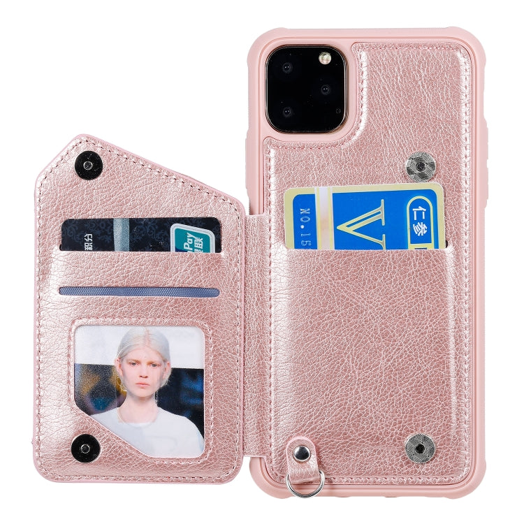 For iPhone 11 Pro Max Dual Buckles Zipper Shockproof Back Cover Protective Case with Holder & Card Slots & Wallet & Lanyard & Photos Frames
