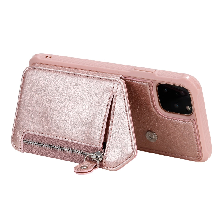 For iPhone 11 Pro Max Dual Buckles Zipper Shockproof Back Cover Protective Case with Holder & Card Slots & Wallet & Lanyard & Photos Frames