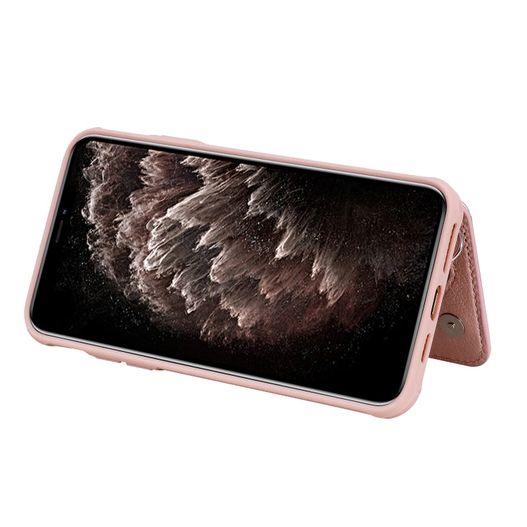 For iPhone 11 Pro Max Dual Buckles Zipper Shockproof Back Cover Protective Case with Holder & Card Slots & Wallet & Lanyard & Photos Frames