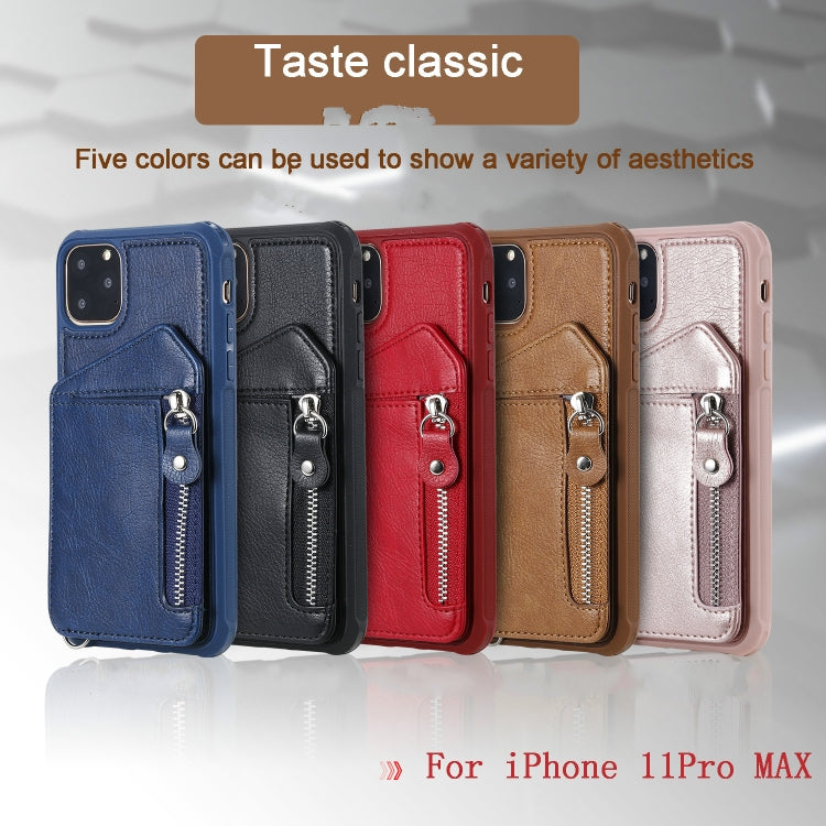 For iPhone 11 Pro Max Dual Buckles Zipper Shockproof Back Cover Protective Case with Holder & Card Slots & Wallet & Lanyard & Photos Frames