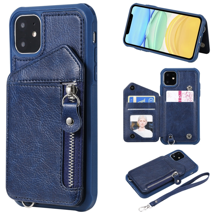 For iPhone 11 Dual Buckles Zipper Shockproof Back Cover Protective Case with Holder & Card Slots & Wallet & Lanyard & Photos Frames