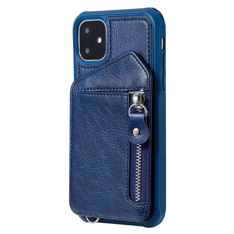 For iPhone 11 Dual Buckles Zipper Shockproof Back Cover Protective Case with Holder & Card Slots & Wallet & Lanyard & Photos Frames