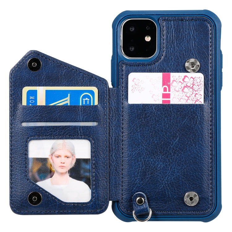For iPhone 11 Dual Buckles Zipper Shockproof Back Cover Protective Case with Holder & Card Slots & Wallet & Lanyard & Photos Frames