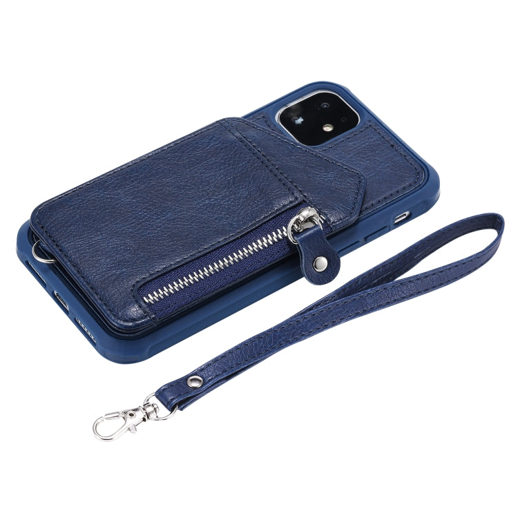 For iPhone 11 Dual Buckles Zipper Shockproof Back Cover Protective Case with Holder & Card Slots & Wallet & Lanyard & Photos Frames