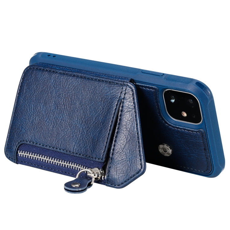 For iPhone 11 Dual Buckles Zipper Shockproof Back Cover Protective Case with Holder & Card Slots & Wallet & Lanyard & Photos Frames