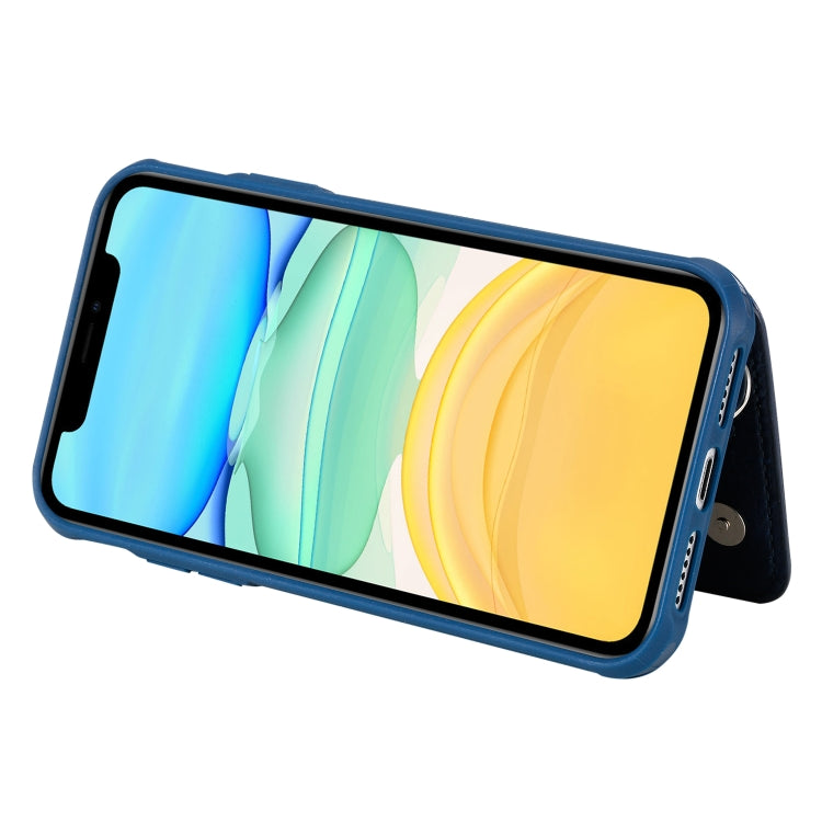 For iPhone 11 Dual Buckles Zipper Shockproof Back Cover Protective Case with Holder & Card Slots & Wallet & Lanyard & Photos Frames