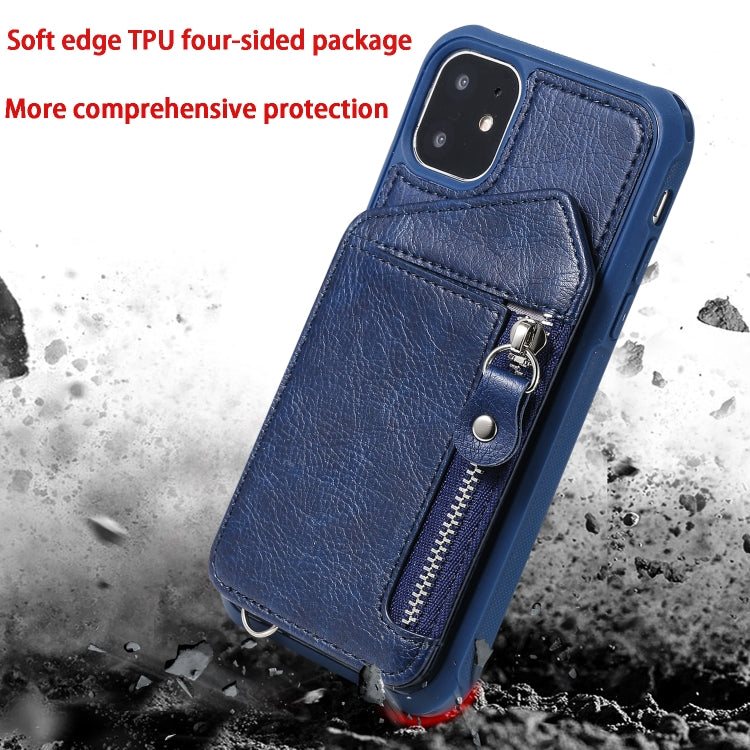 For iPhone 11 Dual Buckles Zipper Shockproof Back Cover Protective Case with Holder & Card Slots & Wallet & Lanyard & Photos Frames