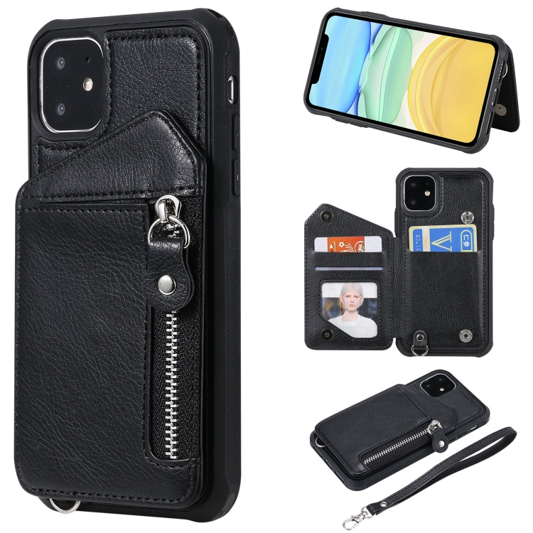 For iPhone 11 Dual Buckles Zipper Shockproof Back Cover Protective Case with Holder & Card Slots & Wallet & Lanyard & Photos Frames