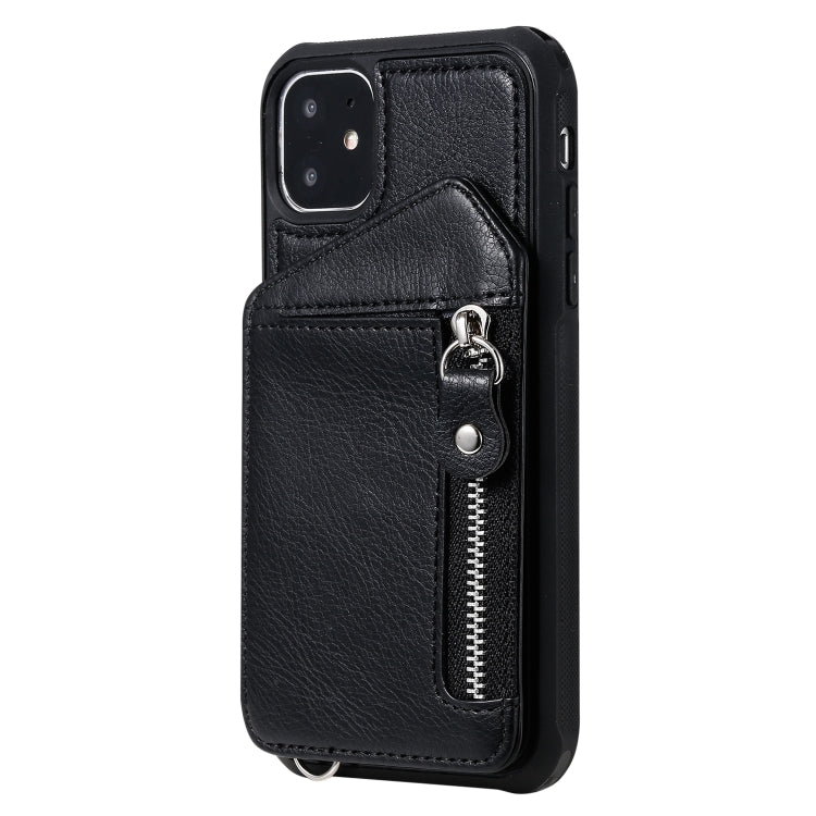 For iPhone 11 Dual Buckles Zipper Shockproof Back Cover Protective Case with Holder & Card Slots & Wallet & Lanyard & Photos Frames