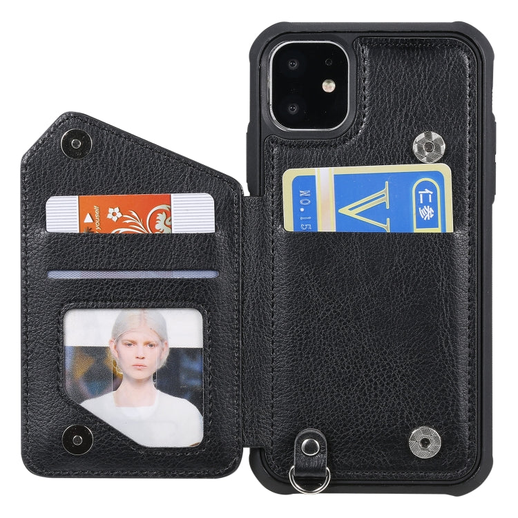 For iPhone 11 Dual Buckles Zipper Shockproof Back Cover Protective Case with Holder & Card Slots & Wallet & Lanyard & Photos Frames