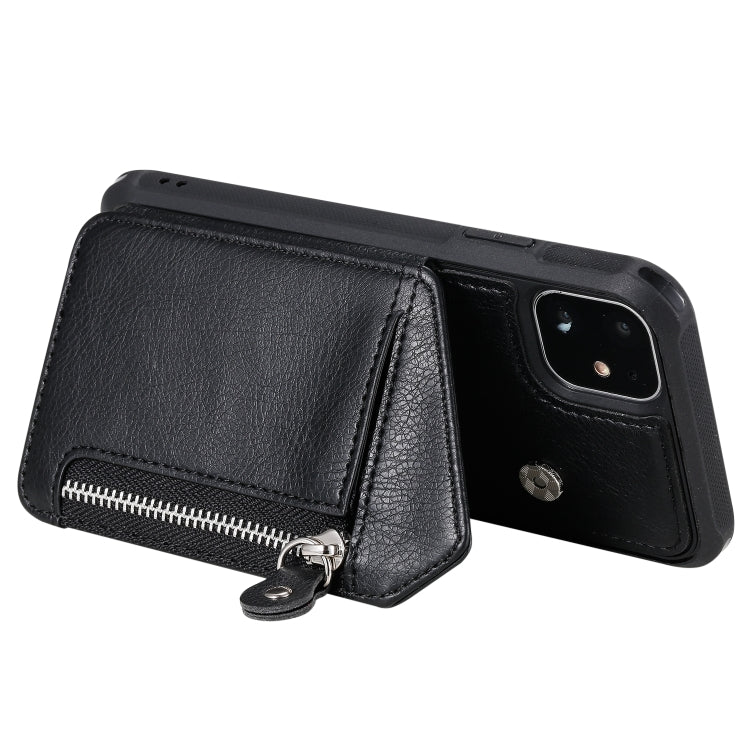 For iPhone 11 Dual Buckles Zipper Shockproof Back Cover Protective Case with Holder & Card Slots & Wallet & Lanyard & Photos Frames