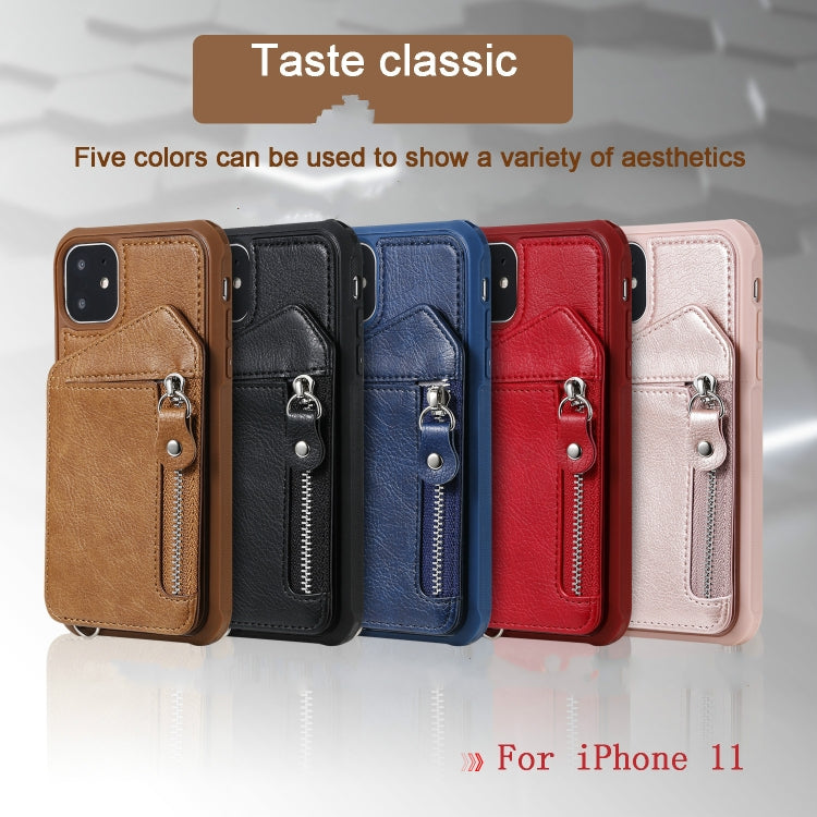 For iPhone 11 Dual Buckles Zipper Shockproof Back Cover Protective Case with Holder & Card Slots & Wallet & Lanyard & Photos Frames