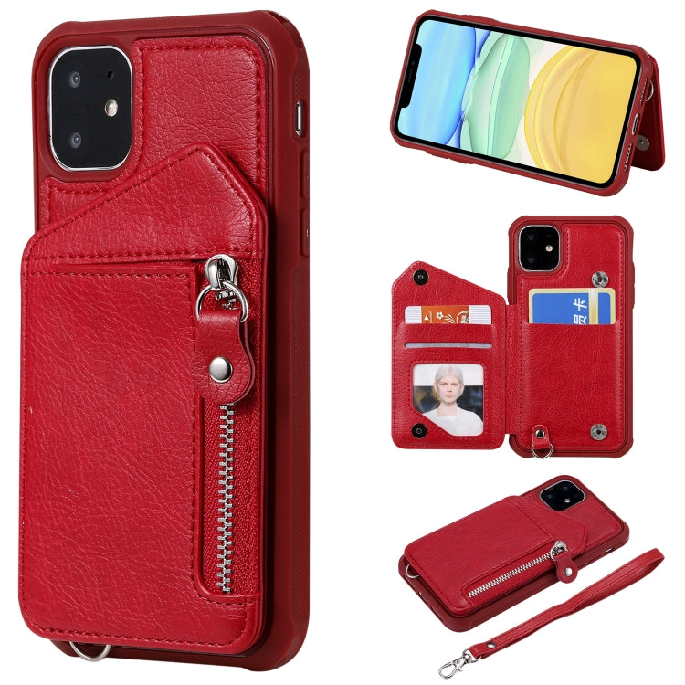 For iPhone 11 Dual Buckles Zipper Shockproof Back Cover Protective Case with Holder & Card Slots & Wallet & Lanyard & Photos Frames