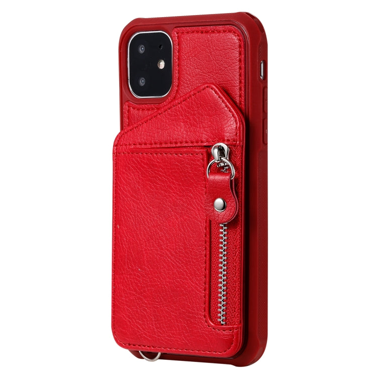 For iPhone 11 Dual Buckles Zipper Shockproof Back Cover Protective Case with Holder & Card Slots & Wallet & Lanyard & Photos Frames
